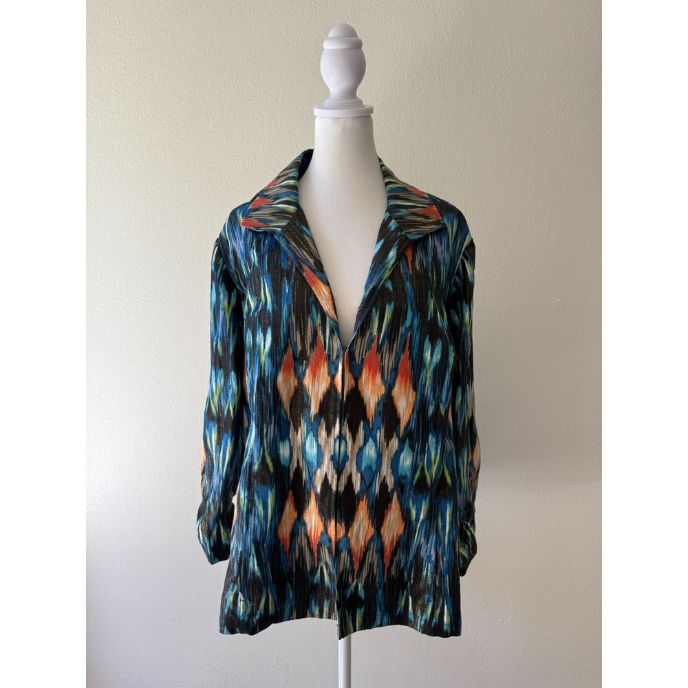 Chico's Women's 3 XL Multicolor Ikat Print Cotton Linen Boho Artsy Shirt Jacket - Picture 1 of 11